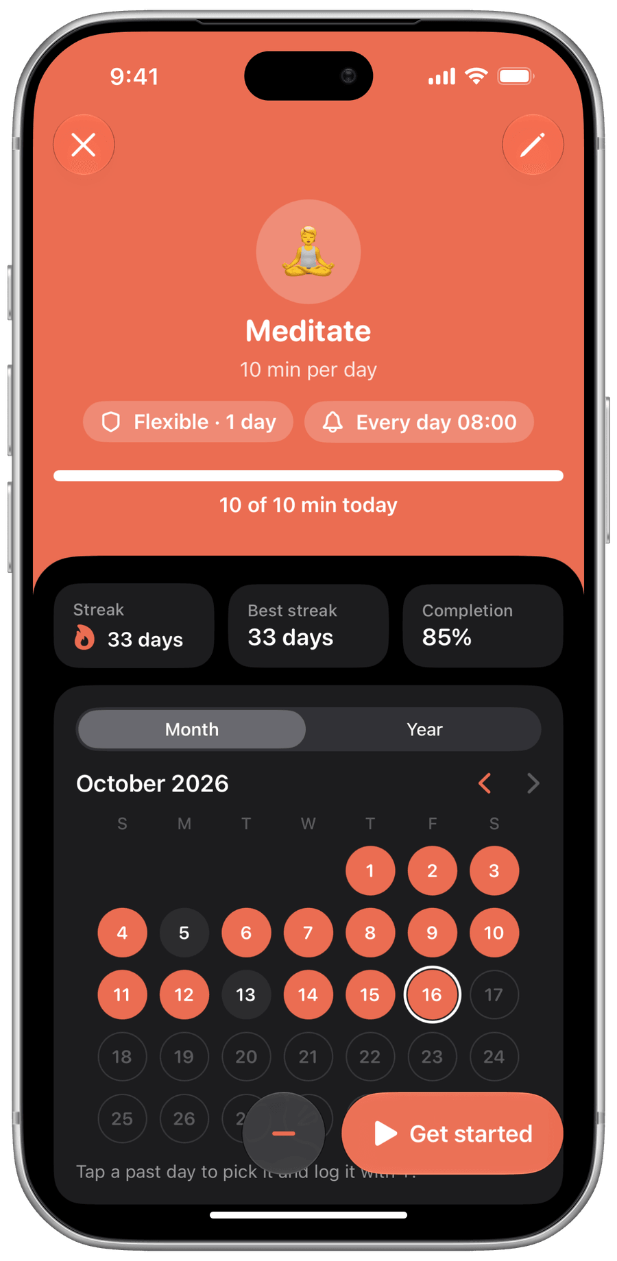 Screenshot of a habit's detail, with its streak and history.