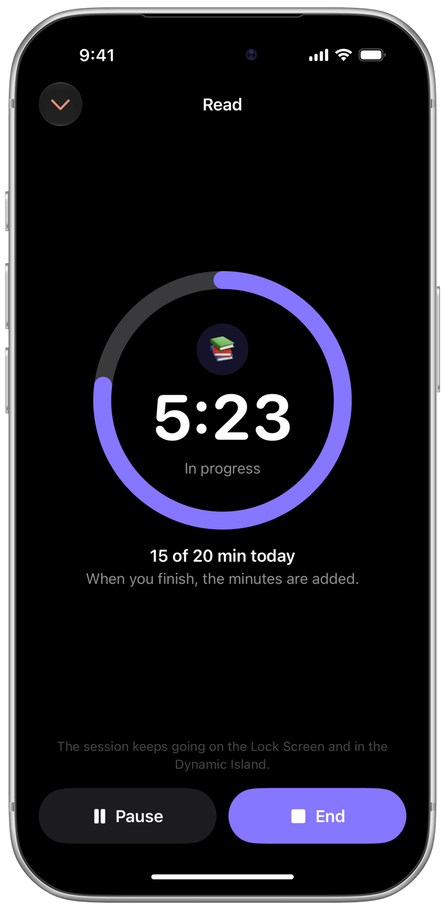 Screenshot of the Lock Screen with a Persi reading session running, with its timer.