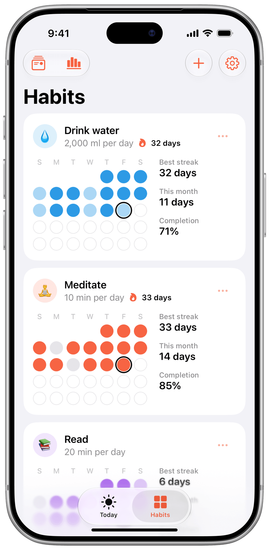 Screenshot of Habits: each habit's week at a glance.