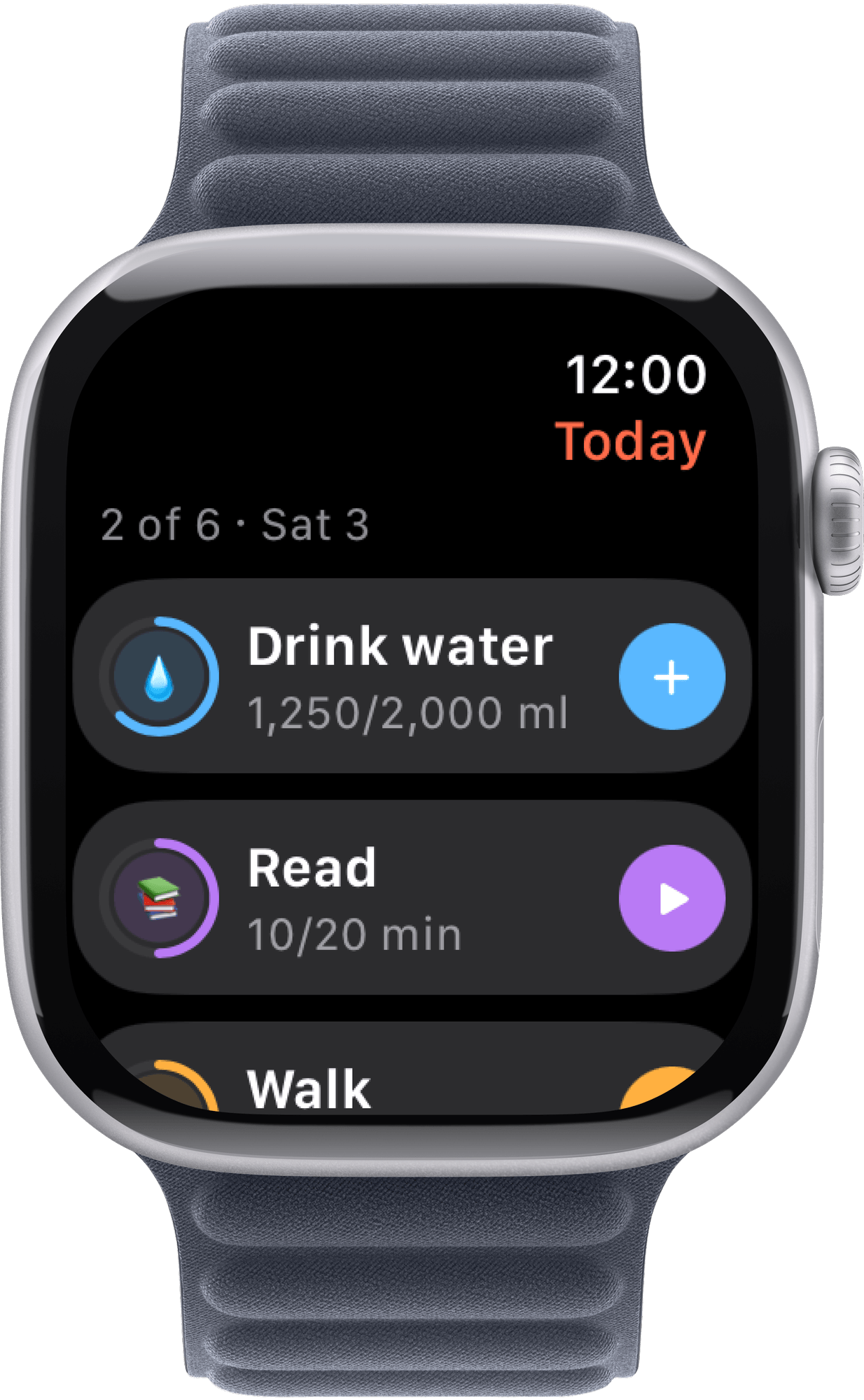 Screenshot of Today on Apple Watch: the day's habits, each with its ring and its +.
