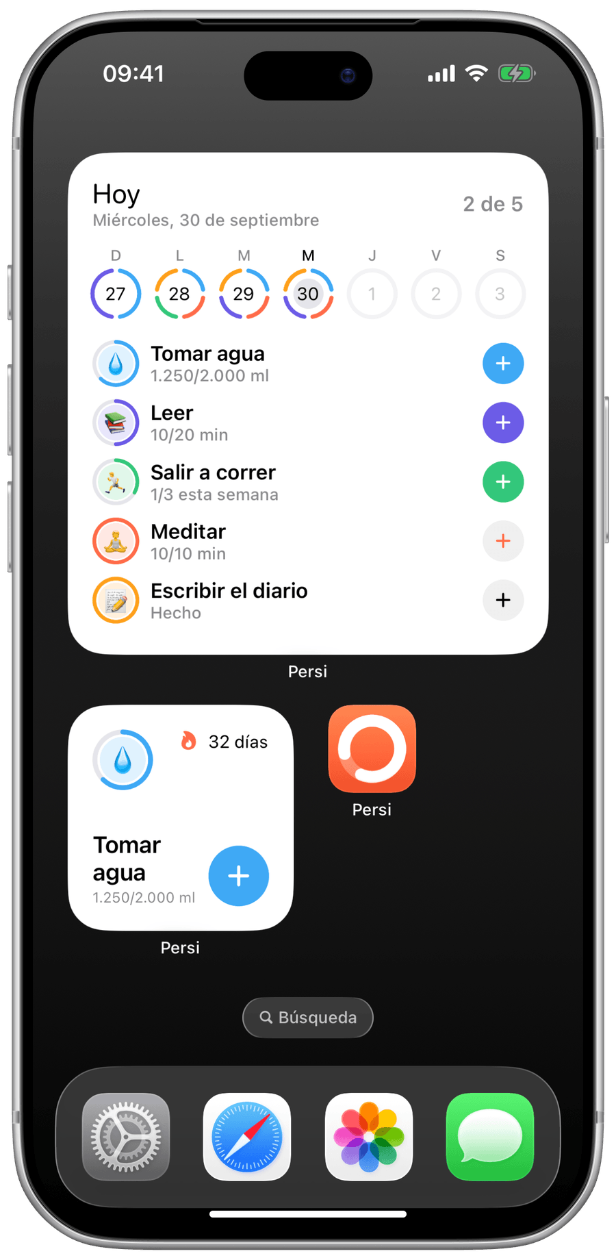 Captura de la pantalla de inicio con los widgets de Persi.