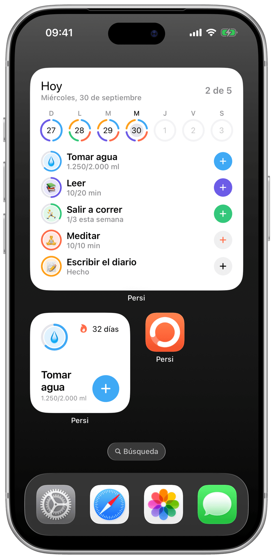 Captura de la pantalla de inicio con los widgets de Persi.